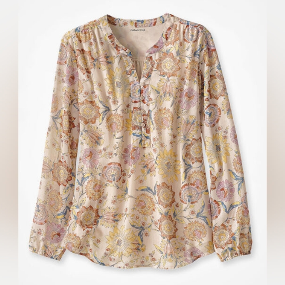 Coldwater Creek Harvest Fields Floral Blouse in Apricot Multi
